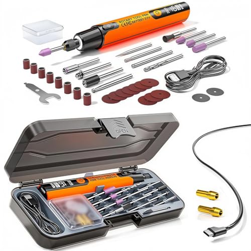 Image of Verilux Mini Cordless Rotary Tool with 6-Speed Adjustment and LED Light, Bi-Directional Rotation, 3.7V Lithium Battery, and 34 Accessory Kit for Efficient Engraving, Sanding, Polishing, Craft Work