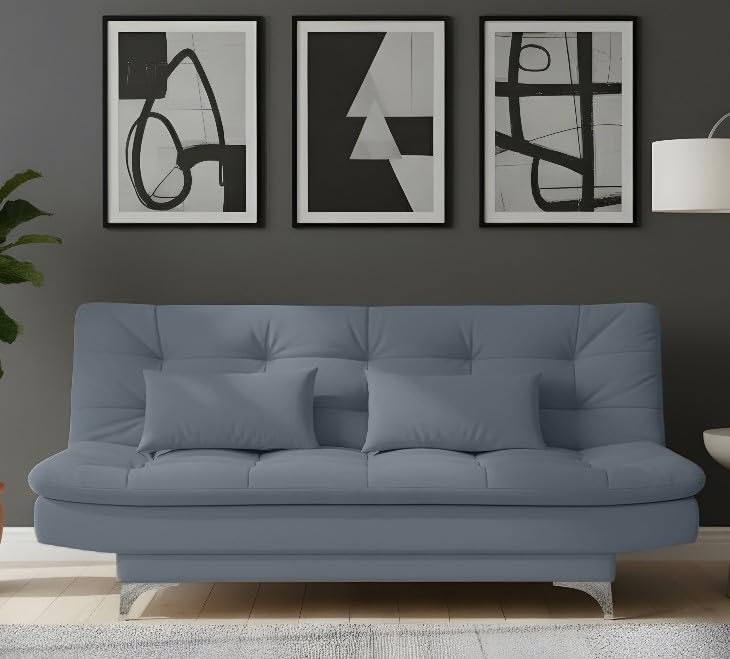 AMATA Eagle 3 Seater Sofa Cum Bed Light Grey Suede Velvet Fabric with Two Cushions Perfect for Home Living Room and Guests (Light Grey, Medium)(3 Year Warranty)