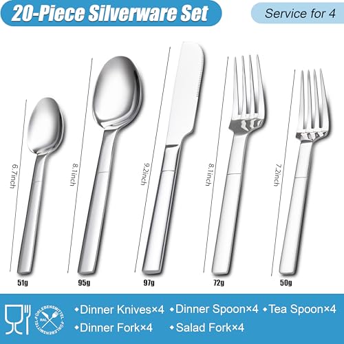 20Pcs Heavy Duty Silverware Set for 4, Scentlate Premium Stainless Steel Flatware with Unique Handle, Mirror Polished Modern Cutlery Utensils, Rust-Proof Dishwasher Safe Forks Spoons Knives by scentlate - Image 4