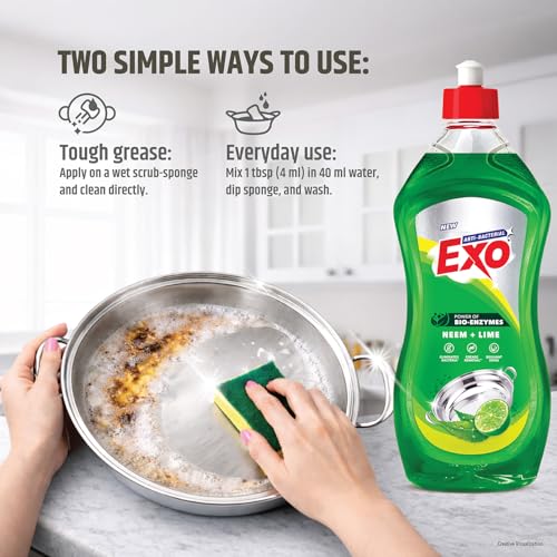 Image of Exo Dishwash Liquid Bottle | Neem & Lime | Tough Grease Removal for Utensils | Anti-Bacterial Liquid Dishwash | Bio-Enzyme Formula | No Residue Cleaning | Fresh Citrus Fragrance - 750ml