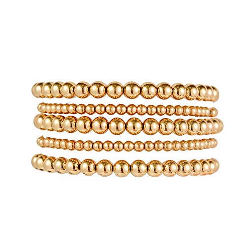 5 Pcs Beaded Stackable Bracelets Set Brass Bead Ball Chain Elastic Bracelets Gold/Silver Stretch Bracelets Stretchable Bangles Friendship Couple Simple Delecate Jewelry for Women Men