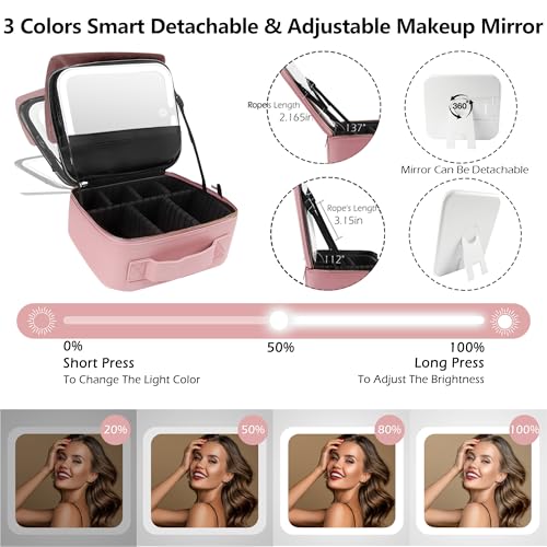 Image of MOMIRA Travel Makeup Bag Cosmetic Bag Makeup Organizer Bag with Lighted Mirror, Adjustable Brightness in 3 Color Scenarios, Waterproof Makeup Train Case, Gift for Women - Sapphire Pink(Woven)