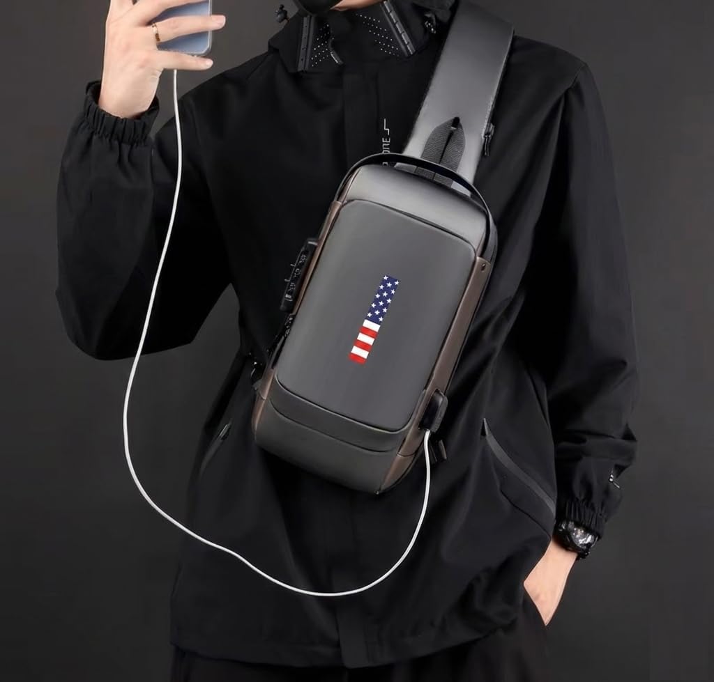 Anti-Theft Sling Bag for Men & Women | USA Flag Chest Shoulder Backpack | Waterproof Crossbody Daypack with USB Charging Port & Lock | Daily use, Travel, Working, Hiking, Cycling. (Grey or Black) - Image 4