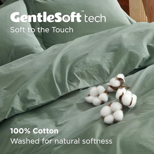 Bedsure 100% Washed Cotton Duvet Cover Queen Size - Iceberg Green Minimalist Cotton Duvet Cover Linen Like for All Seasons - GentleSoft™ Plain Simple Bedding (Iceberg Green, Queen, 90"x90")