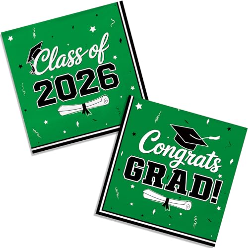 2026 Graduation Napkins - Disposable Party Napkins for College, High School Graduation Decorations, 50 Count Pack (Green)