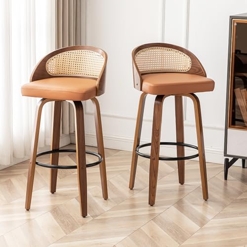 Image of 30 inch Swivel Rattan Bar Stools Set of 2,Mid-Century Modern Orange Faux Leather Upholstered Bar Height Stools,Kitchen Island Barstool with Rattan Low Backrest,Walnut Wood Finish Bar Chairs
