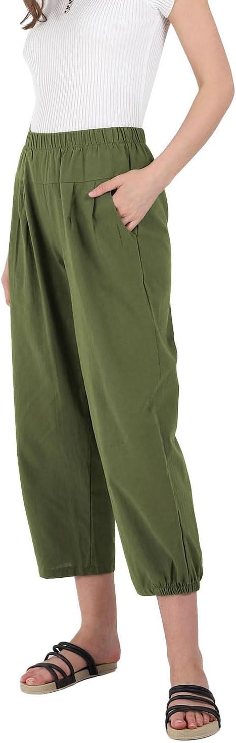 utcoco Women's Cropped Harem Pants Elastic Waist Casual Loose Fit Cotton Capris with Pockets - Image 6