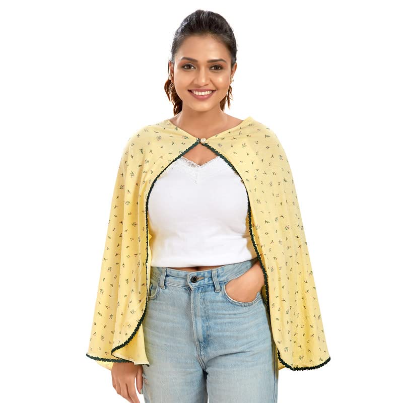 mom for sure by ketki dalal women's nursing cape with pearl button and lace at hem |floral print| 4 thread stitch for strong stitch & maximum stretch |lightweight & breathable | nursing wear yellow