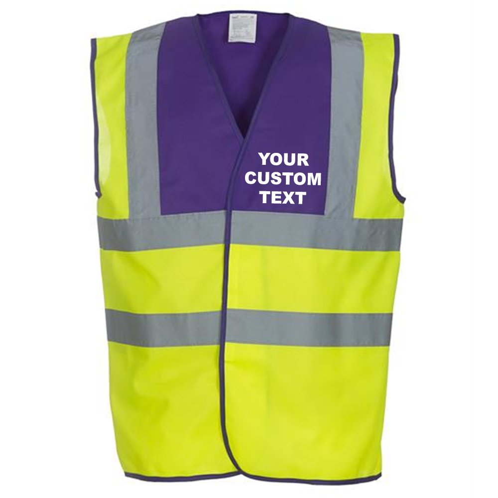 (L) YK001 Personalised Hi-vis 2-band-and-braces waistcoat, CUSTOM TEXT Hi vis vests Purple-Yellow FRONT print Large