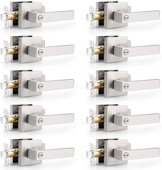 Probrico Square Satin Nickel Bedroom and Bathroom Privacy Door Levers Lockset Keyless Door Locks Handles, Pack of 10 10 Pack Brushed Nickel