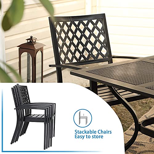 Image of PHI VILLA Outdoor Dining Set for 6& 65 inchWood-Like Metal Table | 7PCS-65 inch Wood-like Table, Net Back Chair, Classic, 65 inch Brown Wood-Like Metal Steel Table & Stackable Black Iron Chairs
