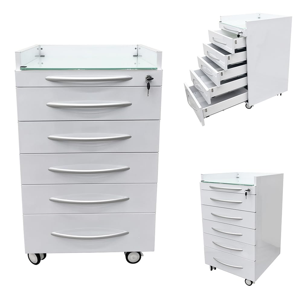 INTBUYING 5-Drawer Dental Assistant Mobile Cabinet Stainless Steel Utility Storage Cart with 4 Casters (2 Brakes) Thick Glass Countertop for Dental, Medical, School, Hospital & Home Use