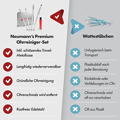 NEUMANN® Wiederverwendbares Ohrenreinigungs-Set - rostfreier Edelstahl - Handliche Aufbewahrungsbox (Schlinge, Spirale & Löffelform) Premium Ohrenschmalz-Entferner für Erwachsene [Silber Edelstahl]