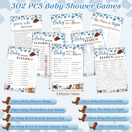 Image of Jetec 302 Pcs Baby Shower Games, 6 Games,50 Sheets Each, Cowboy | Baby Shower Word Scramble, Word Search, Predictions and Advice, Price Right, Guess Game, Baby Shower Decorations