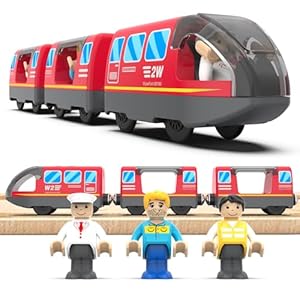 LiRiQi Tren eléctrico de Juguete, Tren de Locomotora de acción con Pilas, Potente Juego de Tren de Motor, Coche de Juguetes Cumpleaños para niños pequeños, Compatible con Thomas, Brio, Rojo