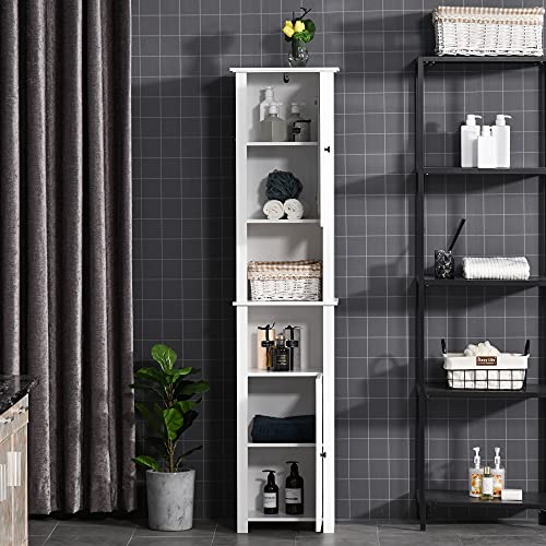 Homcom Tall Bathroom Storage Cabinet, Freestanding Linen Tower With 2-Tier Shelf And 2 Cupboards, Narrow Side Floor Organizer, White #TOP6