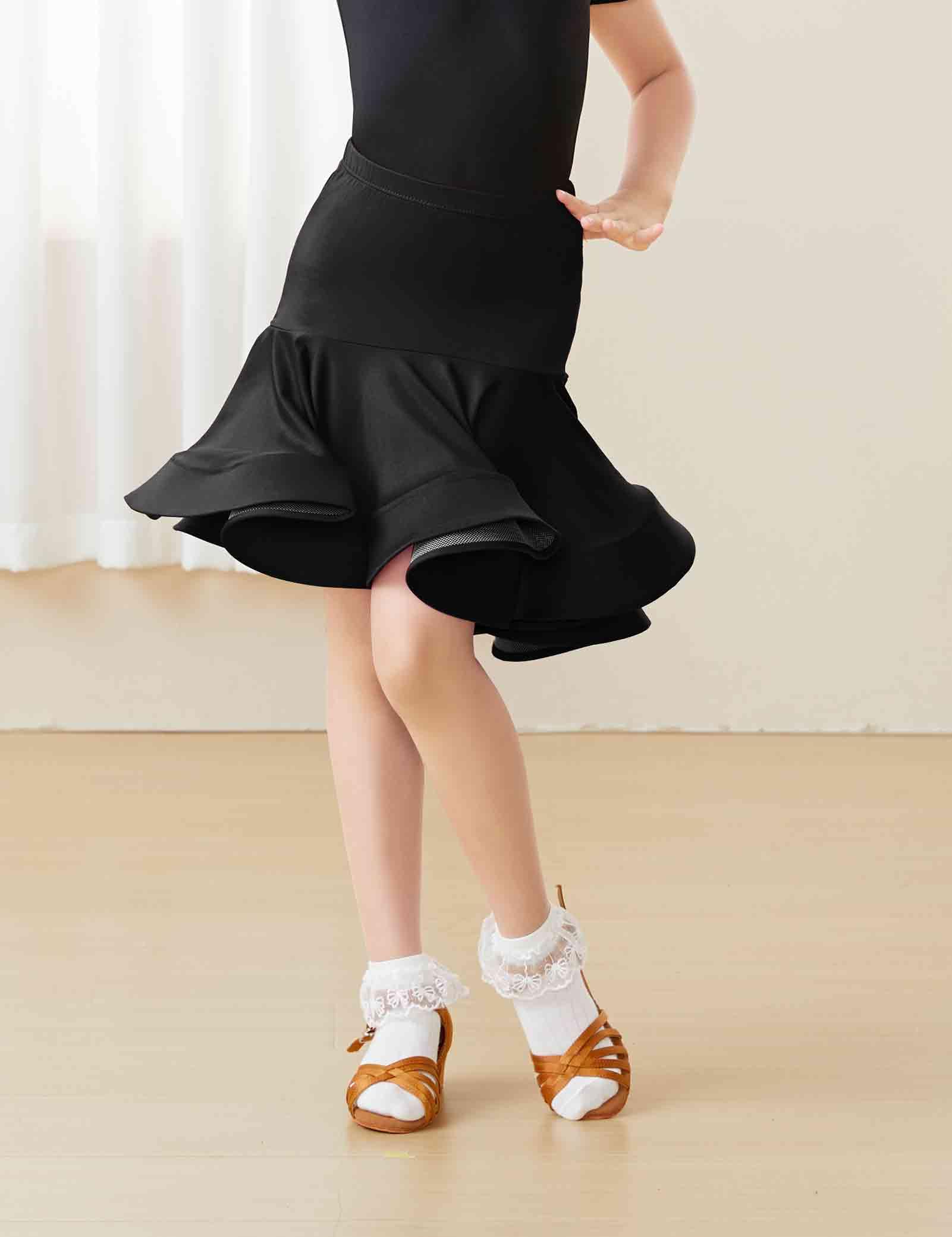 Avrigirl Fishtail Asymmetric Black Latin Ballroom Skirts for Little Girls Dance, Salsa, Tango, Samba
