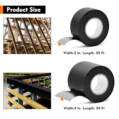 Image of AccEncyc 2 Rolls Butyl Joist Deck Tape, 4 Inches & 2 Inches Waterproof Self-Adhesive Weatherproof RV Roof Tape Black for Wood Decks Joist Beams Roof (50 ft)