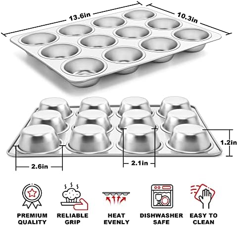 TeamFar 12-Cup Muffin Pan, Stainless Steel Muffin Tin Metal Cupcake Baking Pan for Oven, Regular Size & Non Toxic, Easy Clean & Dishwasher Safe - Thumbnail 4