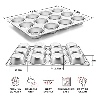 TeamFar 12-Cup Muffin Pan, Stainless Steel Muffin Tin Metal Cupcake Baking Pan for Oven, Regular Size & Non Toxic, Easy Clean & Dishwasher Safe