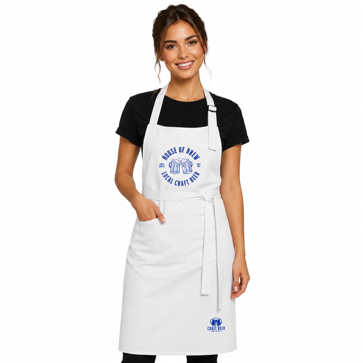 NXT-Horizon Custom Logo Apron, Personalised Restaurant & Catering Apron, Adjustable Neck Strap, Large Pocket, Cotton Twill Hospitality Uniform for Bar, Café, Brewery & Kitchen Staff (White)