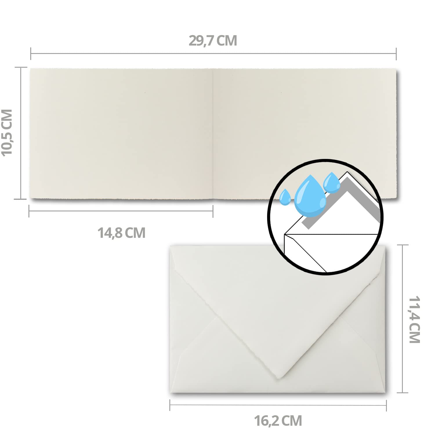 100x DIN A6 Vintage Faltkarten-Set mit gefütterten Briefumschlägen, Büttenpapier, 105 x 148 mm - quer-doppelt, Naturweiß - Karten aus Büttenpapier