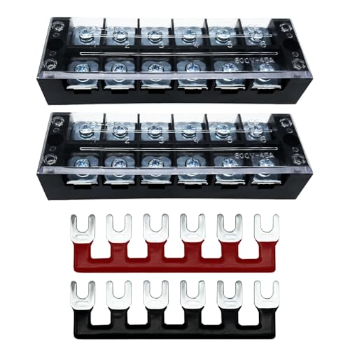 Tmyjfjingxi 2 Sets 6 Positions 600V 45A Terminal Blocks Ground Circuit Dual Row Bus Bar Wire Screw Terminal Block Kit with Cover 600V Pre Insulated Terminal Strip WW004-4506