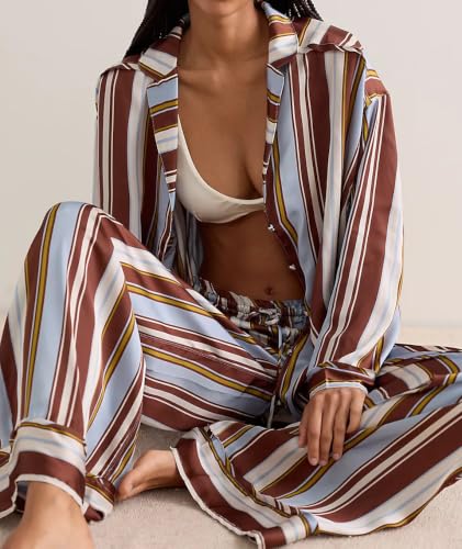 Image of Women Floral Satin Pajamas Long Sleeve Button Shirt Silk Wide Leg Pants Set