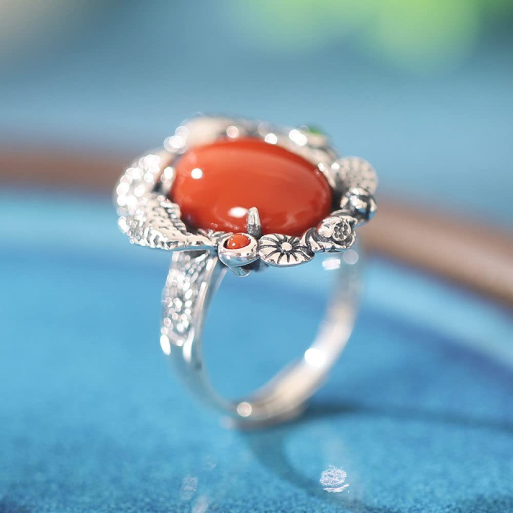 Anello In Argento Sterling 925,925 Sterling Silver Loto Stagno Dei Pesci Incisione Vintage Distressed Rotondo Anello In Pietra Naturale Agata Rossa Boho Gemma Energia Fascino Matrimonio Gioielli Reg