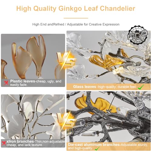 Image of AioTio Black Modern Chandeliers for Dining Room, D31.5''Tree Branch Round Glass Ginkgo Leaf Farmhouse Chandelier,Large Ceiling Hanging Vintage Chandelier for Living Room,Entryway,Kitchen Island,Foyer