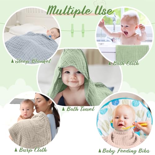 Image of VitalCozy 8 Pcs Baby Muslin Hooded Bath Towels and Washcloths, Muslin Hooded Baby Towels Absorbent Blankets for Gift Newborn Infant Shower (Cream Color)