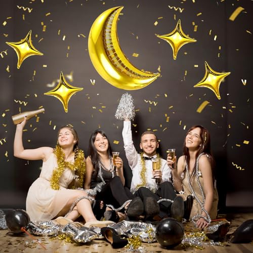 Image of Moon and Star Balloons New Years Balloons 36 Inch Large Metallic Gold Moon Shape Foil Balloon 18 In Star Shaped Balloon for Happy New Year Decorations Ramadan Eid Baby Shower Birthday Party
