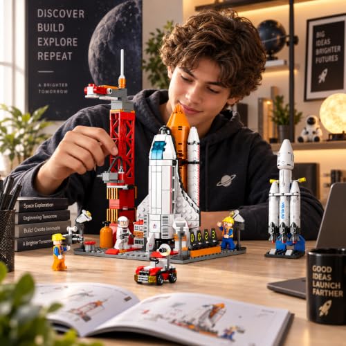 Image of SKY LINE OCEAN 8861 Space Ship Exploration Rocket & Launcher Set + Falcon Heavy Rocket 79 PCS Combo, STEAM Aerospace Building Kit, 5-Year Structural Warranty