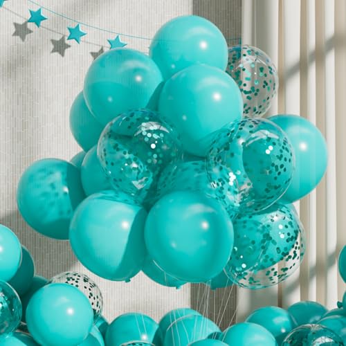 Image of Teal Latex Balloons: 55Pcs 12 inch Turquoise Confetti Party Balloons Helium Aqua Blue Latex Balloon Ribbons for Birthday Anniversary Gender Reveal Graduation Wedding Decoration