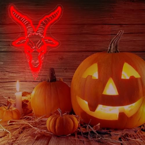 Image of Baphomet Neon Sign Gothic Dark Led Light Satan Wall Decor | Black Goat Wall Art Dark Art Gothic Home Decoration USB Powered Dimmable Halloween Decor Gift for Goth Lover 16.5 inchx11.4 inch