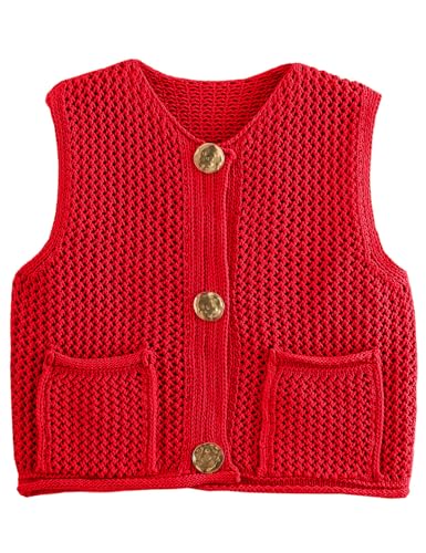 Flygo Womens Crochet Sweater Vest Sleeveless 2025 Trendy Spring Summer Tops Button Crop Chunky Knit Sweaters Cardigan