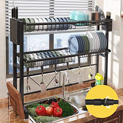 Escurridor de Platos Extensible para sobre el Fregadero, de Acero Inoxidable, con Ganchos y Soporte para Cubiertos extraíble, 58-93 cm de Profundidad (Alto: 58-93 cm)