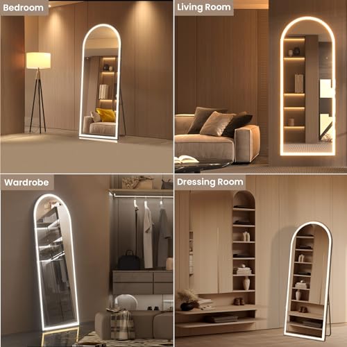 Image of Pertetey 81x34 Inch LED Arched Full Length Mirror with Lights, Black Frame Dimmable & 3 Color Modes LED Full Body Dressing Standing or Wall Mounted Long Mirror