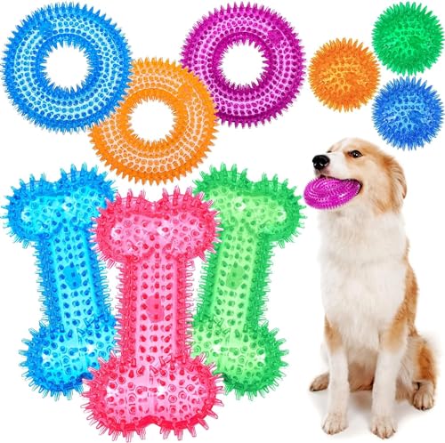 9 Pcs Dog Squeaky Toys Value Set Non-Toxic Dog Squeaky Balls for Dogs Toss Fetch Toys for Dogs TPR Rubber Puppy Toys Spikey Dog Chew Toys for Small Medium Dogs Pet Toys for Puppy Dog Teething Toys