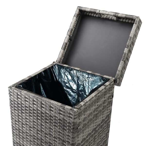27 Gallon Outdoor Wicker Trash Bin, Rattan Patio Waste Basket with Lid, Rattan Garbage Container Patio Trash Can for Poolside Backyard Kitchen, Gray Gradient