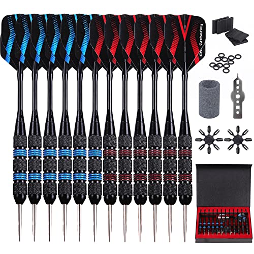 Dardos de Acero, Dardos Punta de Metal, Dardos de Acero para Tablero de Dardos de sisal,6 Piezas 22 Gramos y 6 Piezas 24 Gramos con 12 Plumas adicionales, 20 Anillos de Goma Antideslizantes Cover