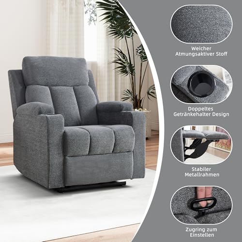 Simore Manueller Relaxsessel mit Liegefunktion und Getränkehalter, Fernsehsessel mit Fußstütze und weicher Kopfstütze, bis 150 kg Belastbar, TV-Sessel für Wohnzimmer, Grau, 2 Stück – Bild 5