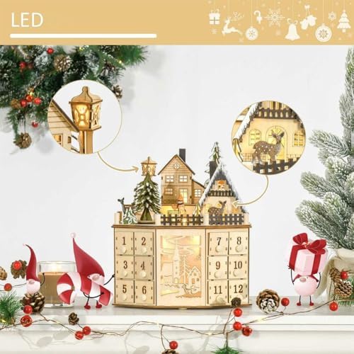 Calendario dell'avvento natalizio in legno, calendario dell'Avvento in legno, con luci a LED, 24 cassetti, tavolo illuminato, decorazione natalizia per le vacanze, per bambini e adulti
