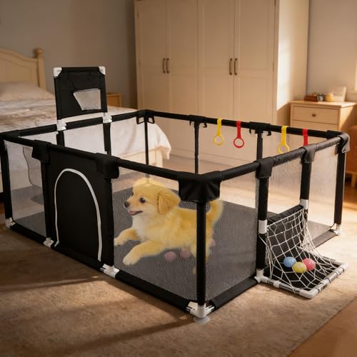 Parc à Chiots Pouces avec Porte, Parc pour Chiots Ou Petits Chiens,Lavable en Machine, Intérieur/extérieur (180 x 120 x 66 cm – Noir)
