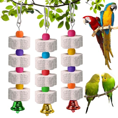 JNEYVIC 3PCS Jouets à Mâcher pour Oiseaux - Pierre à Aiguiser pour Bec - Jouet avec Clochette Pierre Minérale pour Oiseaux Jouet pour Perroquet pour...