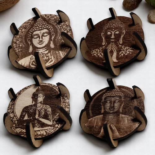 Set de 4 Portavelas de Madera con Grabado de Buda | Soportes para Velas de Té | Decoración Zen y Espiritual para Meditación, Yoga, Hogar o Relax | Diseño Rústico y Zen