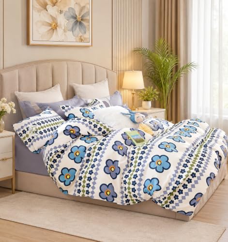 Image of COVE & HUES Cotton Diwan Set Covers |8 Pieces Diwan Cover Set|300 TC Fabric| Pure Cotton Printed Deewan Set (1 Single Bedsheet, 2 Bolster Covers, 5 Cushion Covers)|KC 00 (White Blue Daisy)
