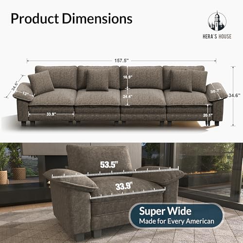 Image of HERA'S HOUSE 158 inch Oversized Modular Sectional Straight Sofa,Chenille Ash | 4-Seater Living Room Couches, Wider Armrest and Deep Seat, Comfy Cloud Couch with Ottoman, Light Gray