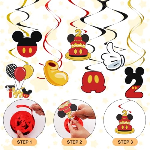 Image of Red 2nd Birthday Hanging Swirl Decorations,Mouse Birthday Party Ceiling Streamers,Red Mouse Theme Party Supplies, Party Favors for Boys Kids(38 Pcs)