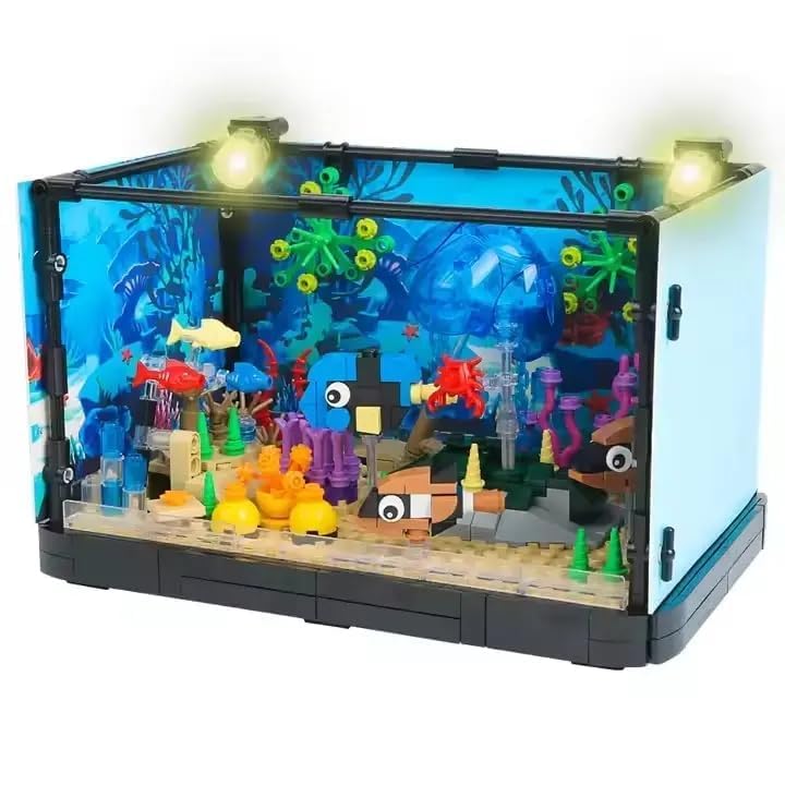 Image of SKY LINE OCEAN 755 pcs Aquarium Fish Tank Building Block Set with LED Lights, Rotatable Knob, Shark & Marine Life Toy for Kids Adults | 6 Months Structural Warranty